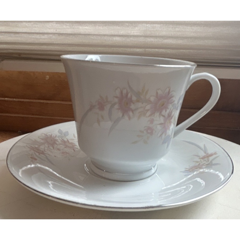 Porcelain Floral Painted Cup & Saucer Set White Pink Gray Two-Piece VTG